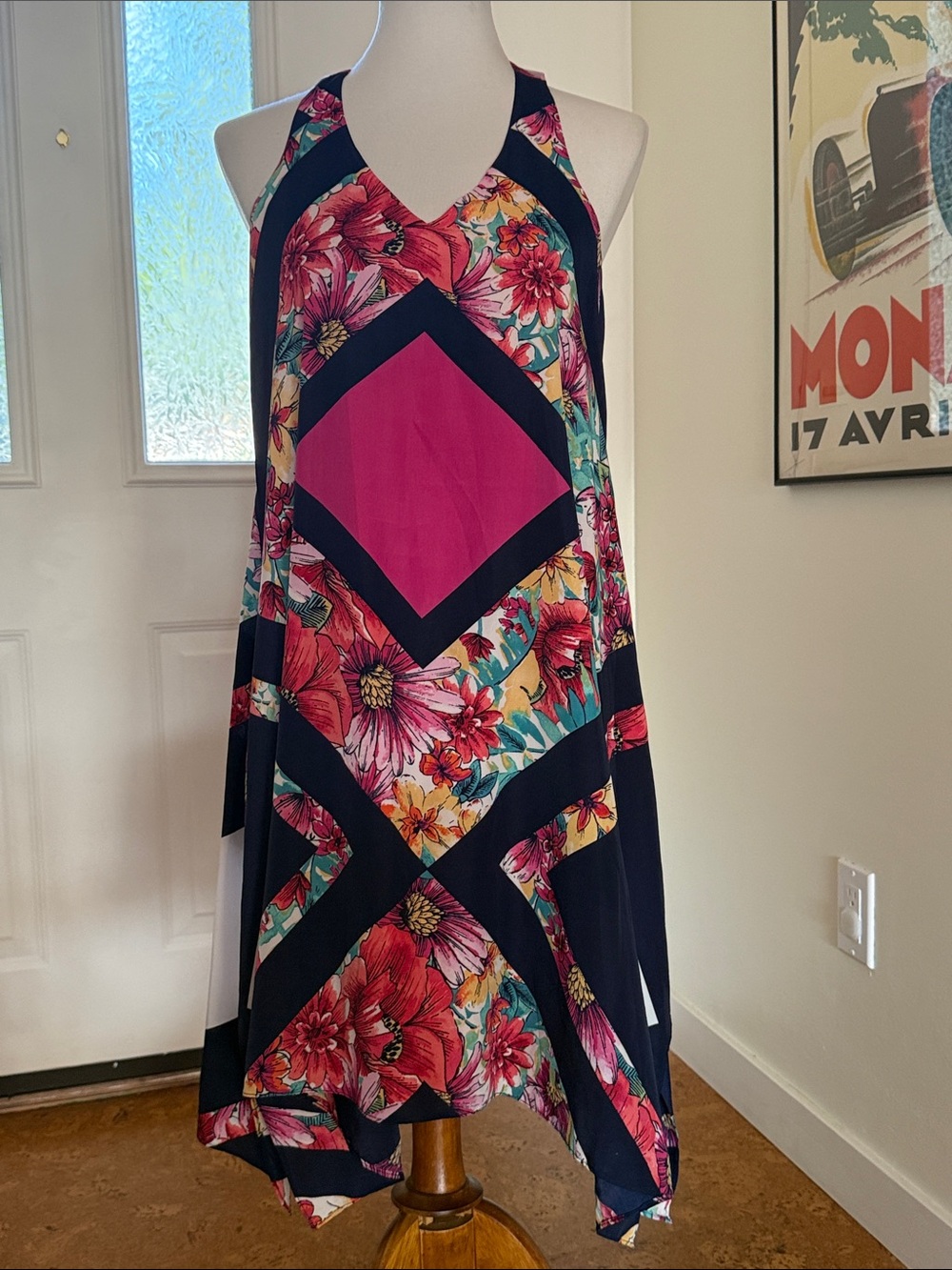 Muse Floral Asymmetrical Halter Dress in Magenta & Navy